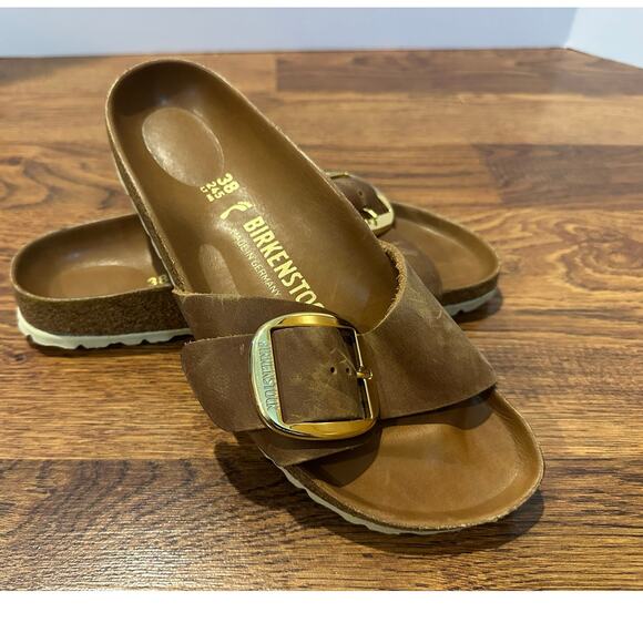 Birkenstock Madrid Big Buckle Leather Slides Brown Size 38 (7-7.5) Classic Style - Picture 1 of 10